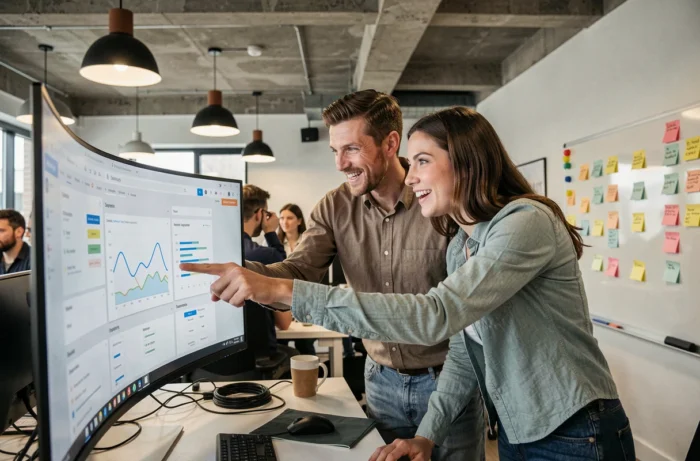 Deux collègues collaborant sur des tendances informatiques devant un grand écran dans un open space moderne
