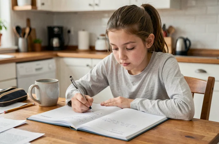 Jeune collégienne révisant des exercices de rédaction corrigés à la maison sur un cahier de français