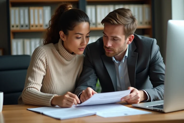Deux collègues de bureau analysant ensemble une circulaire et une note de service imprimées sur un bureau partagé