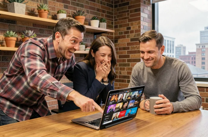 Trois collègues de bureau riant ensemble autour d'un ordinateur portable affichant des tendances virales