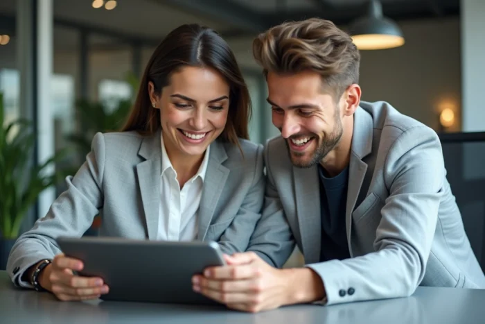 Deux collègues consultant l'historique de réservations Booking sur une tablette au bureau