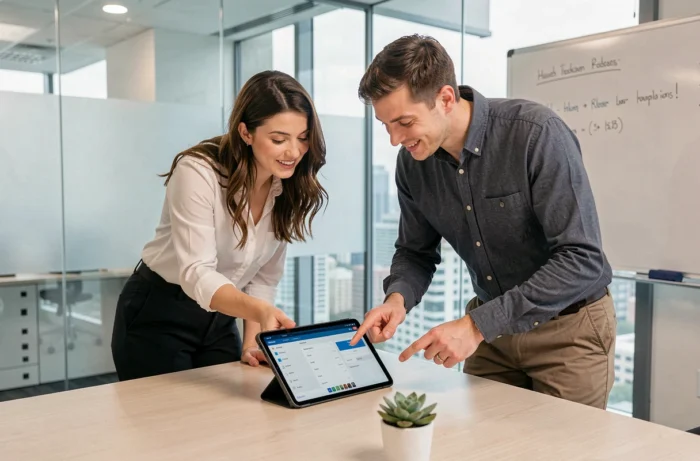 Deux collègues en réunion consultant les fonctionnalités d'une plateforme de services en ligne sur une tablette