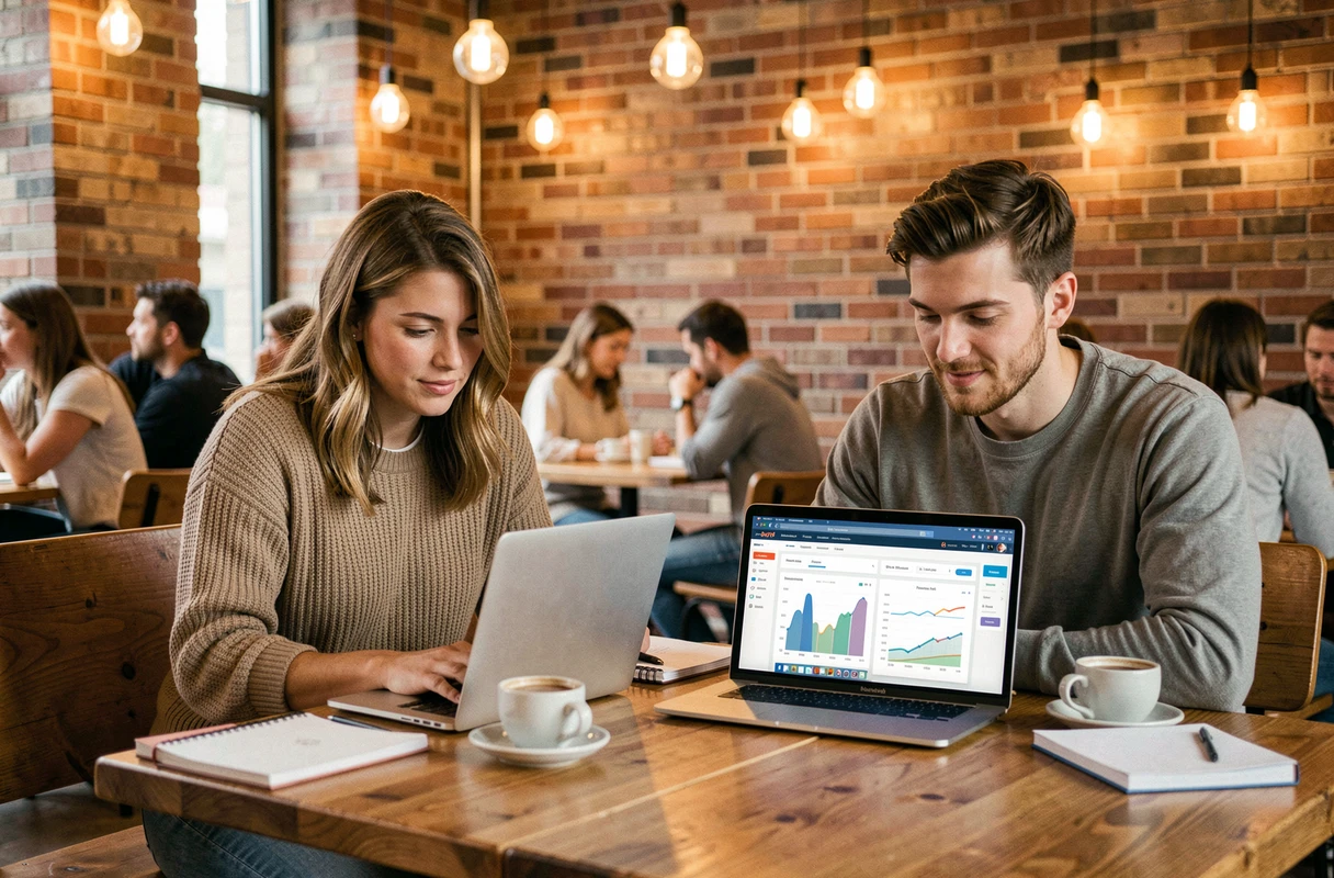 Deux collègues analysant des tendances web et actualités numériques dans un café co-working