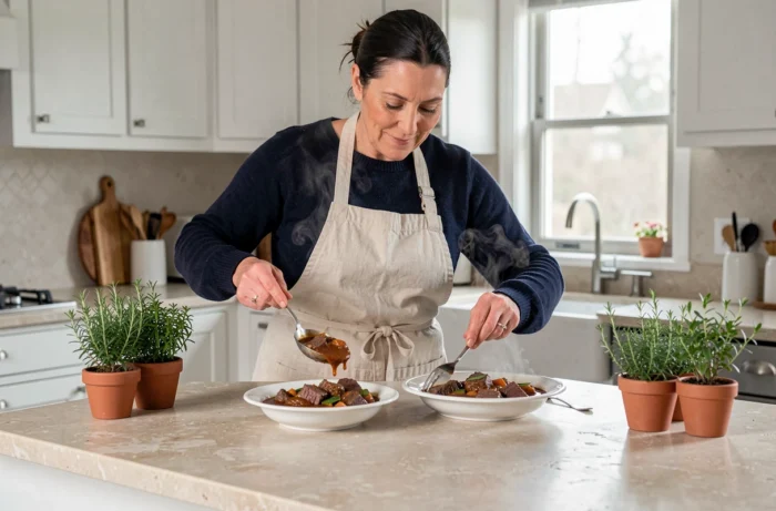 Femme cuisinant une carbonade flamande et un bœuf bourguignon côte à côte dans une cuisine moderne
