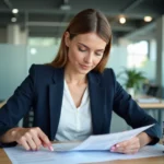 Femme cadre comparant une circulaire et une note de service imprimées dans un bureau moderne
