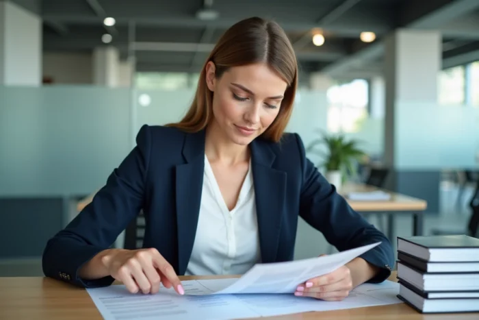 Femme cadre comparant une circulaire et une note de service imprimées dans un bureau moderne