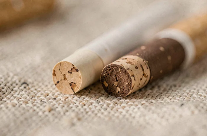 Gros plan comparatif de deux filtres de cigarettes slim aux textures et teintes différentes sur lin brut