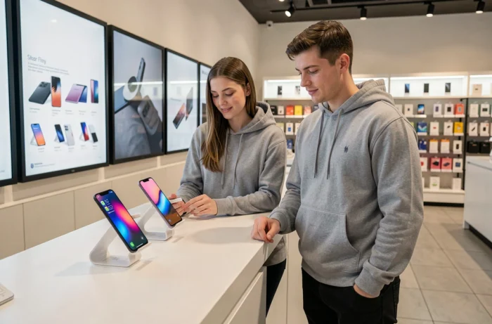 Deux jeunes adultes comparant des smartphones haut de gamme dans un magasin d'électronique, reflétant les dernières tendances de la téléphonie mobile