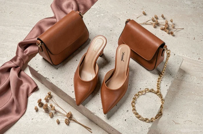 Composition éditoriale de chaussures tendance et accessoires féminins — mules en cuir cognac, mini sac structuré et bracelet doré