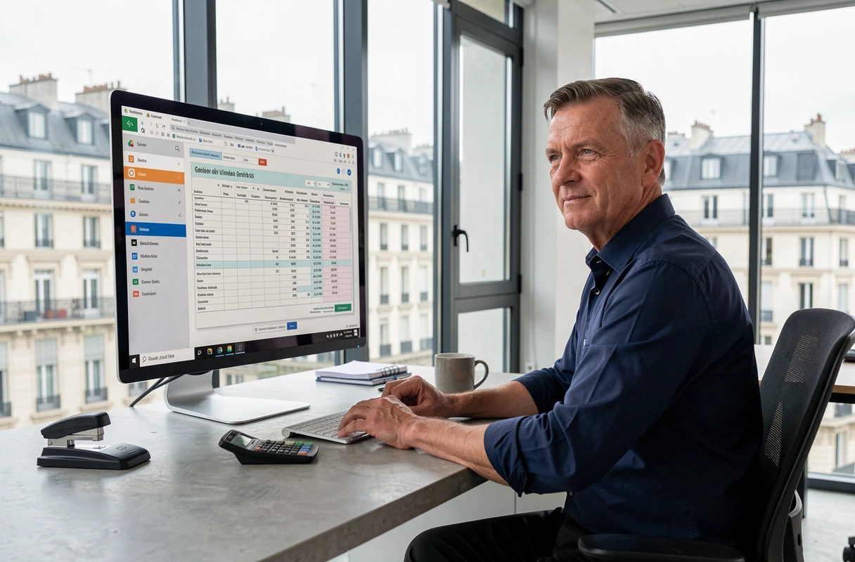Comptable immobilier analysant des revenus locatifs sur ordinateur dans un bureau professionnel moderne