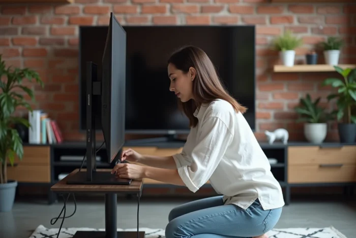 Femme branchant un câble HDMI sur une smart TV Samsung pour configurer le streaming dans un appartement moderne