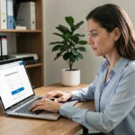 Femme se connectant au webmail académique de Nantes sur un ordinateur portable dans un bureau à domicile