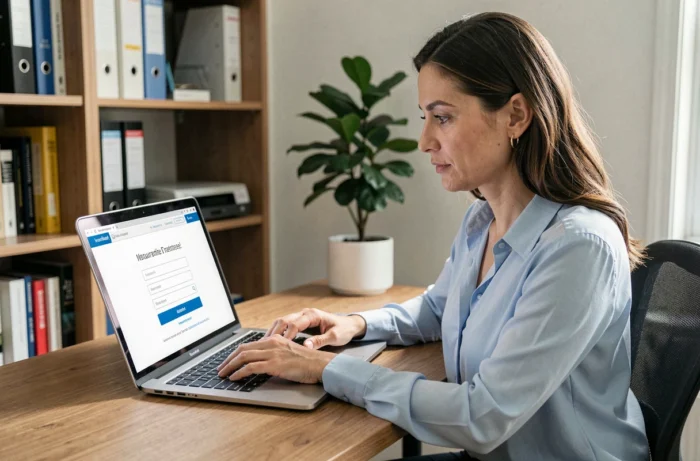 Femme se connectant au webmail académique de Nantes sur un ordinateur portable dans un bureau à domicile