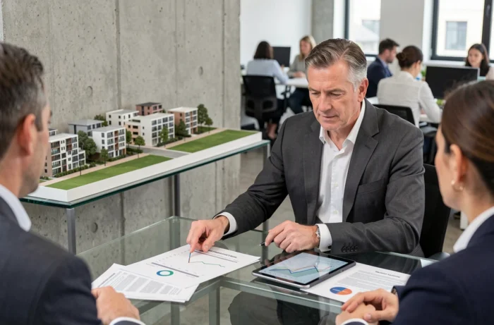 Conseiller immobilier présentant une analyse de marché et des tendances de prix à des clients dans une agence immobilière contemporaine