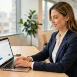 Femme professionnelle contactant une agence web depuis son bureau via un formulaire en ligne