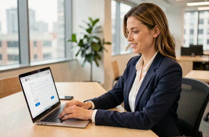 Femme professionnelle contactant une agence web depuis son bureau via un formulaire en ligne