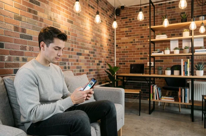 Jeune professionnel naviguant sur le site d'une agence web depuis un espace de coworking avec son smartphone