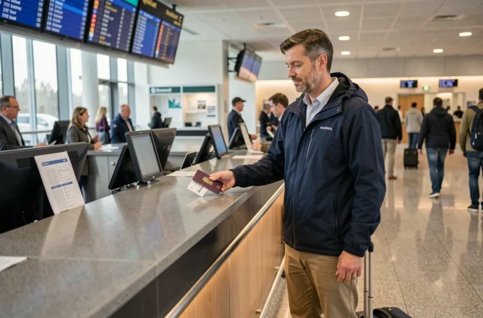Homme présentant son passeport et ses documents au comptoir d'enregistrement d'un aéroport international