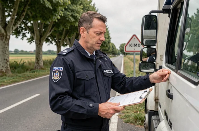 Gendarme français contrôlant les documents d'un chauffeur poids lourd au bord de la route, représentant un contrôle de carte conducteur et les sanctions possibles en France