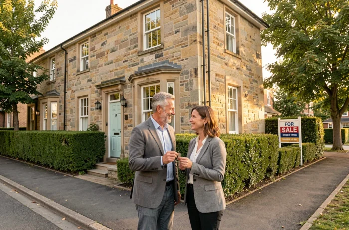 Couple tenant les clés de leur nouvel investissement immobilier devant un immeuble résidentiel en pierre dans un quartier calme