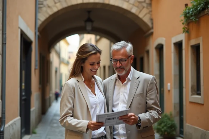 Couple de futurs acheteurs consultant une brochure immobilière devant une traboule du quartier Croix-Rousse à Lyon