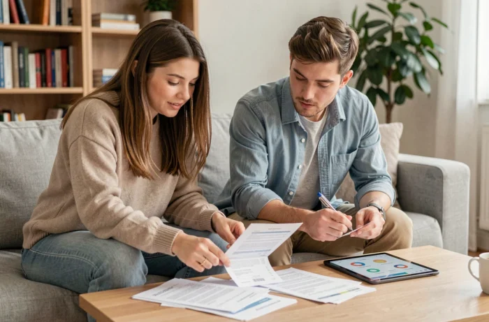 Couple analysant ensemble leurs finances personnelles avec des relevés bancaires et une tablette posés sur une table basse dans un salon moderne