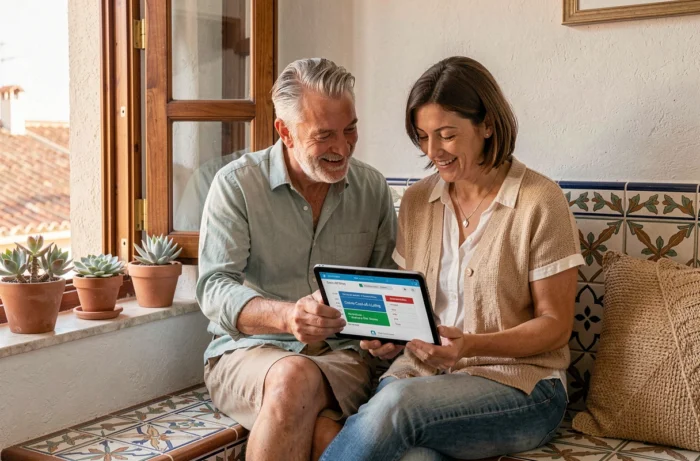 Couple d'expatriés comparant les coûts de la vie pour planifier leur budget de résidence longue durée au Portugal depuis leur appartement en Algarve