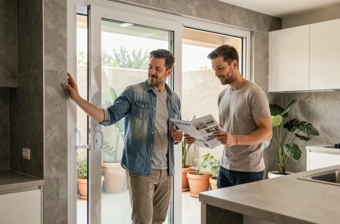 Couple choisissant une fenêtre coulissante PVC sur mesure pour leur maison moderne