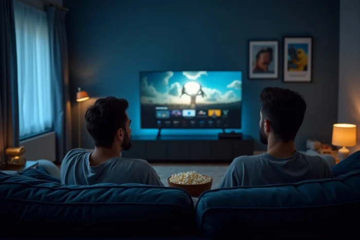 Couple regardant un film en streaming sur une smart TV Samsung dans un salon cosy avec interface de plateforme vidéo visible