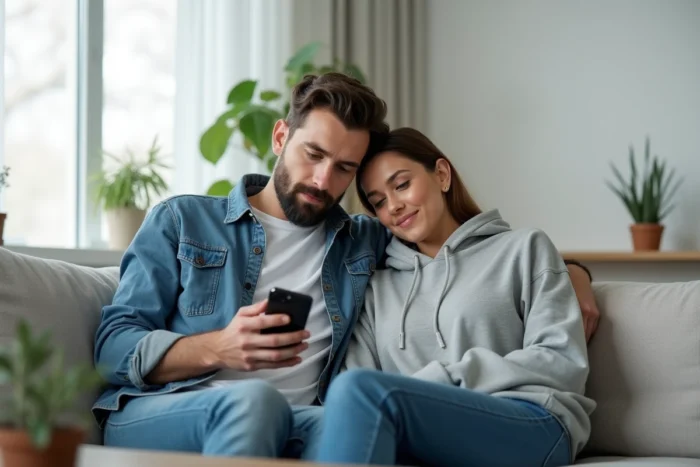 Couple sur un canapé, l'homme ému lit un message d'amour envoyé par sa compagne