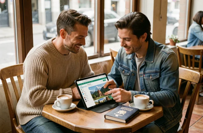 Couple planifiant leur prochain voyage ensemble sur une tablette dans un café chaleureux