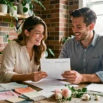 Couple souriant en train de planifier leur mariage avec des listes et des échantillons de tissus sur une table en bois rustique