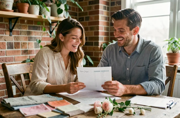 Couple souriant en train de planifier leur mariage avec des listes et des échantillons de tissus sur une table en bois rustique