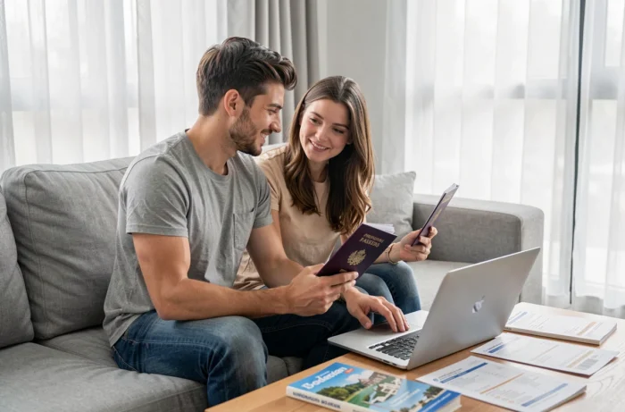Couple vérifiant les démarches administratives et l'assurance voyage sur un ordinateur portable avant un départ