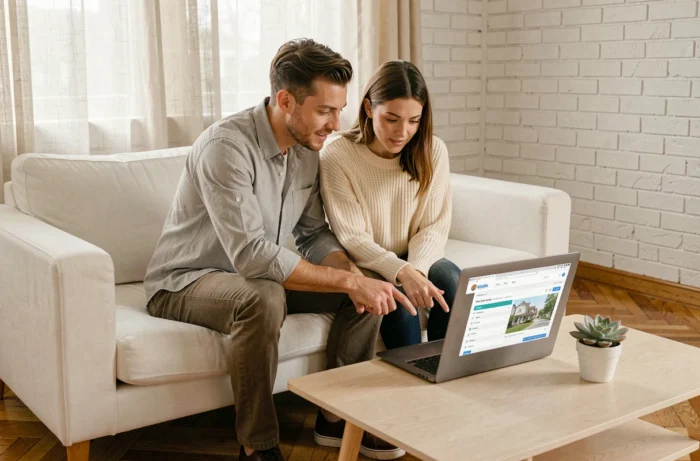 Jeune couple recherchant des biens immobiliers sur une plateforme en ligne depuis leur salon