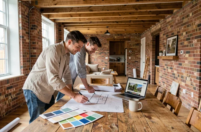 Jeune couple étudiant des plans de rénovation dans une maison ancienne en cours de réhabilitation