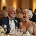 Couple de personnes âgées riant ensemble lors de leur fête de noces d'or autour d'une table décorée
