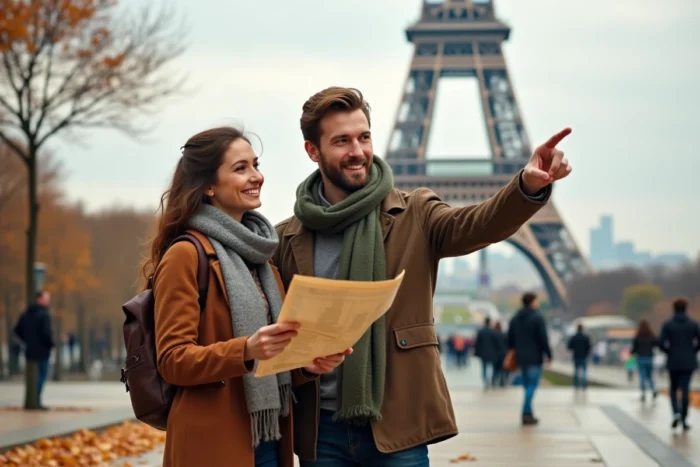 Couple de voyageurs en tenue automnale devant la Tour Eiffel avec des feuilles dorées sur l'esplanade du Trocadéro