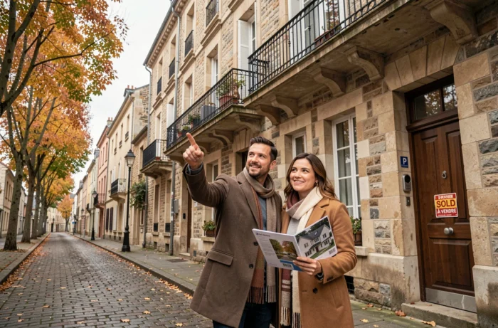 Couple visitant une propriété à vendre dans une rue pavée d'une ville de province française en automne