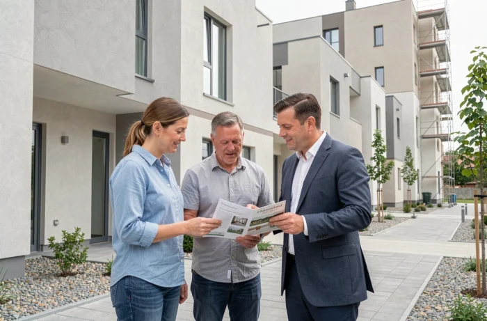 Couple visitant un programme immobilier neuf avec un agent pour investir dans un appartement moderne