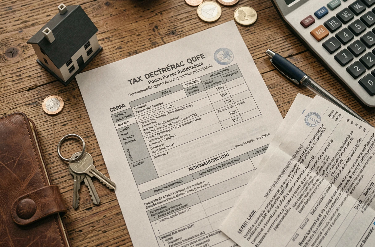 Vue aérienne d'une déclaration fiscale de revenus locatifs avec clés et contrat de bail sur bureau en chêne