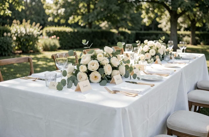 Table de réception de mariage élégamment décorée en plein air avec des fleurs ivoire et une vaisselle dorée vintage dans un jardin verdoyant