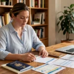 Femme consultant des documents de voyage et un passeport sur un bureau en bois avant un départ à l'étranger