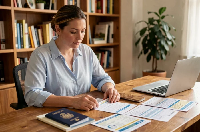 Femme consultant des documents de voyage et un passeport sur un bureau en bois avant un départ à l'étranger