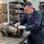 Mécanicien professionnel démontant une boîte de vitesses manuelle sur un établi en atelier automobile