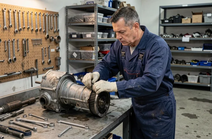 Mécanicien professionnel démontant une boîte de vitesses manuelle sur un établi en atelier automobile