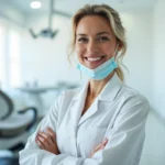 Dentiste souriante dans une clinique dentaire moderne à l'étranger, prête à accueillir un patient pour des soins dentaires