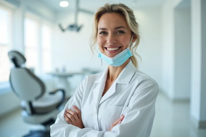 Dentiste souriante dans une clinique dentaire moderne à l'étranger, prête à accueillir un patient pour des soins dentaires