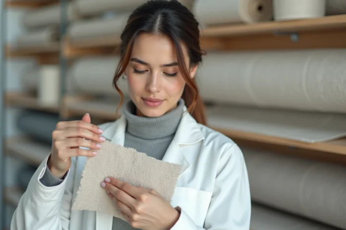 Designer textile examinant un échantillon de tissu technique dans un laboratoire moderne de recherche textile