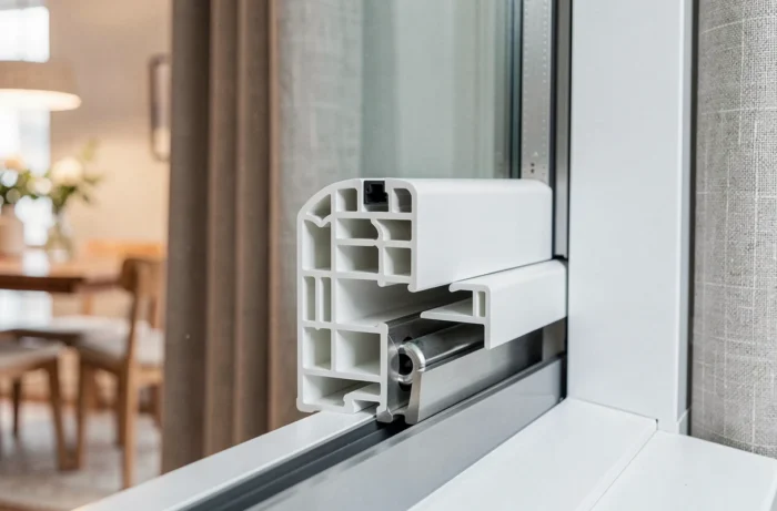 Détail du rail et du joint d'étanchéité d'une fenêtre coulissante PVC double vitrage sur mesure